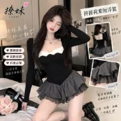 撩妹✨ 黑灰拼接長袖短洋裝 撞色領口V形腰線 收腰蓬蓬裙擺 法式千金風 春秋連衣裙