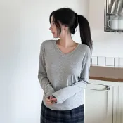 正韓【預購】女生V領素面百搭日常車線設計長袖上衣 米 乳白 灰 黑【09.29】東大門-M18634