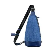 【COACH】藍色丹寧布拼接皮革直式單肩胸背斜後背男包