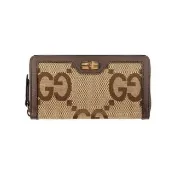 【GUCCI 古馳】Diana 竹節系列緹花布及皮革ㄇ形拉鍊長夾(棕色)