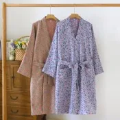 【滿滿百貨鋪】日式 春秋色織純棉 提花雙層紗布 女睡袍中長款國風開衫和風浴衣浴袍