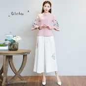 中國風唐裝女復古棉麻繡花斜襟上衣禪意茶服+闊腿褲套裝 寬鬆套裝洋氣套裝大尺碼套裝夏季休閒套裝短袖套裝藝文復古洋裝禪服女