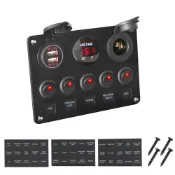 12V/24V 5位貓眼開關組合面板 防水數字電壓表 雙USB車充點煙器 組合開關控制面板 LED翹板開關組合面板