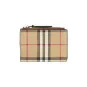 【康是美官方網購】BURBERRY 格紋及小牛皮釦式二折短夾(經典米色/石楠木棕)
