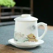 全球選品1館 生活百貨 德化羊脂玉素燒玉兔呈祥文軒辦公杯高檔茶水分離水杯泡茶杯禮盒裝