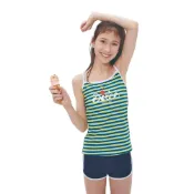 (店+)【ibella 艾貝拉】現貨女中童萊卡條紋背心泳裝泳褲泳衣二件附帽台灣製造36-8H19702-19女中童二截式泳裝