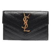 【YSL】MONOGRAM系列V字縫線魚子醬牛皮金屬LOGO暗釦零錢包(黑414404-BOW01-1000)