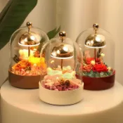 【多款更新】花藝師專供小風鈴玻璃鐘罩檯燈DIY永生花燈具三色調光觸摸開關USB充電臥室床頭節日禮物製作配禮盒包裝
