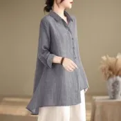 【LANNI 藍尼】★都會休閒長版棉麻襯衫(女裝/女上衣/長版上衣/優雅/日系/通勤)