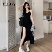 IELGY 黑色吊帶連衣裙女不規則開衩魚尾裙