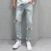 復古牛仔水洗破褲 破洞褲 刷破 淺色系牛仔長褲 韓版百搭 男生直筒褲 長褲男 牛仔褲 破洞牛仔褲（QW810）【壹號站】