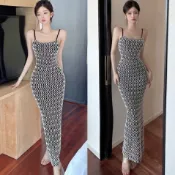 純慾風性感抹胸弔帶波紋抽象緊身顯瘦露背包臀連衣長裙設計感 洋裝 正韓 禮服 連身裙 包臀裙