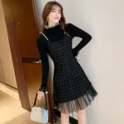 胖胖美依 連身裙 長裙 兩件套 S-L連身裙秋冬赫本小香風法式小衆氣質顯瘦套裝兩件套-12329.