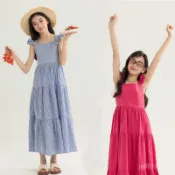 【免運】臺灣出貨 度假風連身裙 女童連衣裙 2025夏款 清新 條紋 飛袖 長裙 背心裙 沙灘裙 中大童 連衣裙 大裙擺