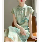 棉麻連衣裙女夏季新款復古立領印花中長裙短袖中式打底裙 棉麻洋裝 棉麻連衣裙 連身裙 大尺碼 連身裙洋裝 民族風 復古
