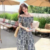 圖騰拉肩印花長洋【87482】春夏新款民族風渡假出遊甜美可愛度假出遊一字領公主袖連身洋裝 連衣裙 Sandy33