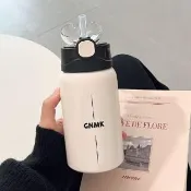 【多多喝水】ins簡約風英文不鏽鋼水壺(保溫瓶 便攜 保冷 手提 彈蓋式 隨身 學生 旅遊 彈跳吸管杯 環保杯)