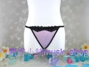 單一尺寸F=M~L-薰衣草紫色緞面光澤沙典布黑蕾絲細帶丁字褲-136＊白麝香小舖＊全新MURENA夢漣娜性感系列