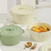  餐具 陶瓷雙耳湯碗雙耳防燙北歐風烤箱微波爐專用大號泡面碗帶蓋螺螄粉