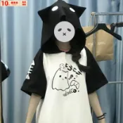 【免運】【日系可愛軟妹】幽靈貓貓耳朵連帽短袖衛衣帽T連帽T恤二次元宅系上衣夏季貓耳帽T貓上衣宅衣短袖帽T衣服