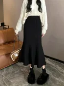 全球選品1館 生活百貨 高級感魚尾裙針織半身裙女冬季大碼胖mm中長款高腰修身顯瘦包臀裙