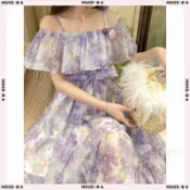 法式碎花裙 立體花朵 一字肩碎花 露肩荷葉邊拼接 收腰顯瘦連衣裙 一字領洋裝 渡假風長裙 露肩短袖