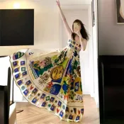 【收腰顯瘦】吊帶洋裝 民族風印花 復古度假 海邊沙灘裙 夏季新款 束腰設計 小眾塗鴉 渡假洋裝