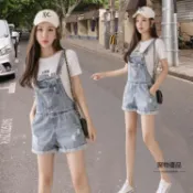 破洞牛仔吊帶短褲女夏薄款韓版寬鬆闊腿減齡吊帶褲【聚物優品】