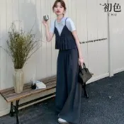 初色 港風純色圓領短袖T恤上衣女上衣+褶皺吊帶背心女背心+素色寬褲長褲套裝-灰色-50217(M-XL可選)