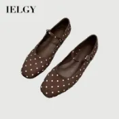 IELGY 2026 女式麂皮棕色波點圓頭平底鞋