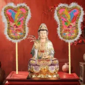 繡品刺繡日月扇金絲繡臺灣天后聖母出巡繞境用品宮娥擺單面小