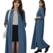HANA DOGE ハナ・ドーゲ 美式休閒簡約風百搭不敗款多變穿搭超長版牛仔襯衫外套長洋裝