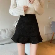 【高品質】毛呢黑色短裙荷葉邊包臀魚尾裙高腰2026新款A字裙女秋冬季半身裙ning0511