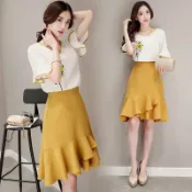 FINDSENSE服飾 FINDSENSE G5 韓國時尚 高品質 喇叭袖 繡花 套裝 魚尾裙 兩件套