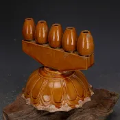宜家二居 唐三彩黃釉手工刻花蓮花燈臺燭臺出土老貨舊貨仿古瓷古玩收藏擺件