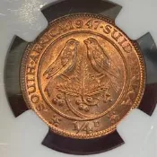 1947年英屬南非喬治六世 Penny 銅幣NGC評級MS65RD 亞軍分，此枚為南非喬六第(年)錢幣中的四分壹便士，正