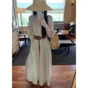 藍♥️現貨秒出售完不再【JinG】渡假風套裝*明車線泡泡袖長洋裝+內裡背心裙(附腰帶)♥️公主袖 長裙 短袖連身裙
