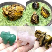 『晶鑽水晶』天然虎眼石&東菱玉&粉晶 40~88mm 大象雕件.龍龜.小烏龜~天然無優化~無染色