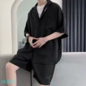 鶴町商社 免運簡約七分袖西服男套裝 潮流寬鬆西裝短褲兩件套 小西服套裝 素色短袖短褲套裝 夏季薄外套