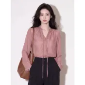 專櫃撤回豆沙粉立領繫帶雪紡襯衫女早秋2026新款高知小資女人味減| 專櫃品質