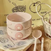 可開發票🌟甜甜圈可愛飯碗家用新款釉下彩陶瓷餐具兒童碗吃飯碗小碗甜品碗勺