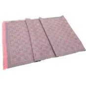 【GUCCI 古馳】GG Jacquard 雙色緹花流蘇灰粉色美麗諾羊毛圍巾