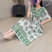 民族風洋裝 波西米亞洋裝 渡假風女裝 沙灘裝 大尺碼洋裝 連衣長裙 夏季波西米亞連衣裙泰國民族風V領海邊度假印花棉綢長裙