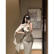 歐美ins性感辣妹洋裝 風飄帶掛脖蕩領長裙  修身顯身材開叉露背度假風連衣裙長裙