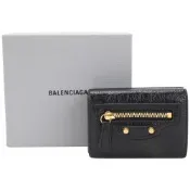 BALENCIAGA 巴黎世家 Le City Arena Storico 揉製羊皮復古金三折迷你扣式短夾(黑色)