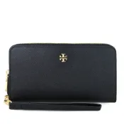 TORY BURCH Emerson 立體金屬LOGO防刮皮革拉鍊護照/手機/手提長夾(黑色)