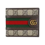 GUCCI Ophidia 古銅金雙G LOGO塗層帆布拼皮革搭綠紅織帶對折短夾(米/烏木)