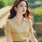 初色 休閒薄款條紋半門襟單排扣POLO領短袖打底衫針織衫上衣女上衣-黃色-12168(F可選)