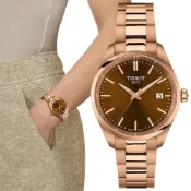 TISSOT 天梭 官方授權 PR100 經典簡約白蝶貝氣質腕錶/棕X玫瑰金/34mm/T1502103329100