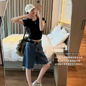 素心蘭/YOUMO 夏季美式復古毛邊骨線設計五分牛仔褲38767(配腰帶)#Hi, 貼心優衣家居#